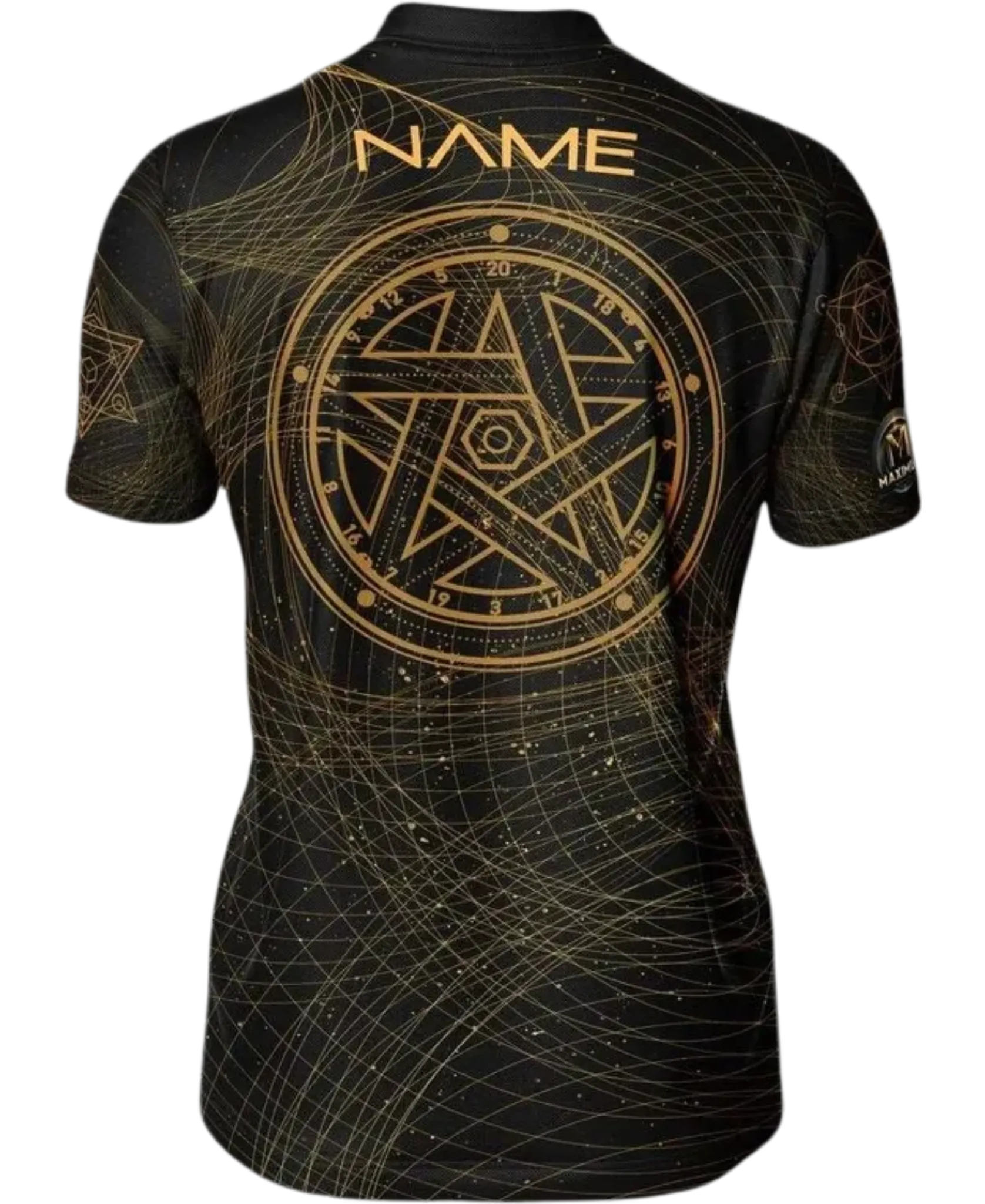 Minimalist Black dart jersey with gold geometric design, and a gold star design on the back. Customizable with your name across the back.