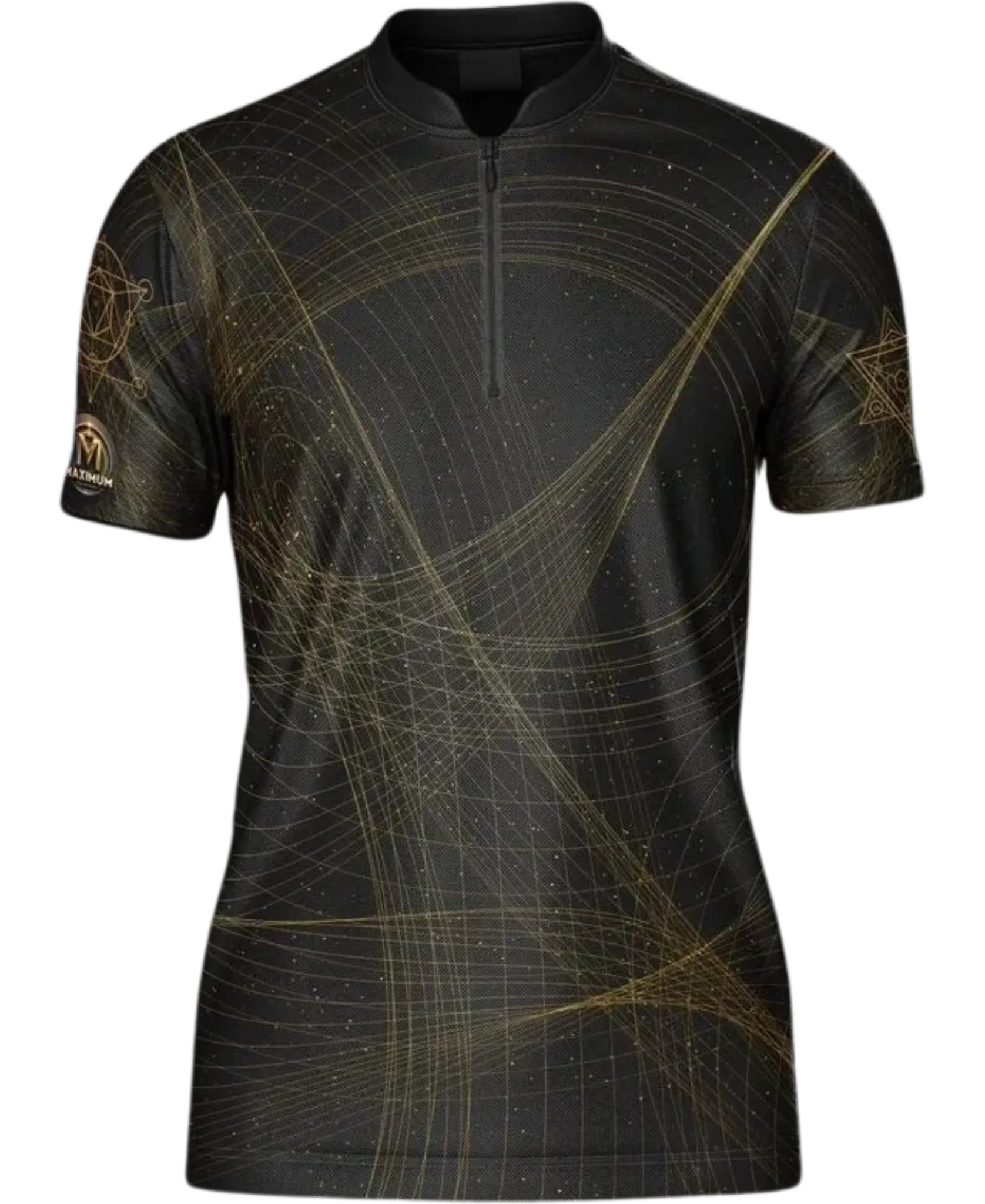 Minimalist black dart jersey with gold geometric patterns on the front