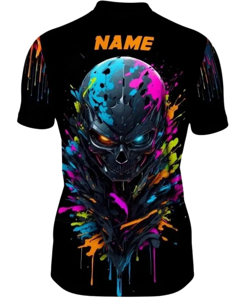 Black dart jersey with a colorful skull design and customizable 'NAME' text on the back
