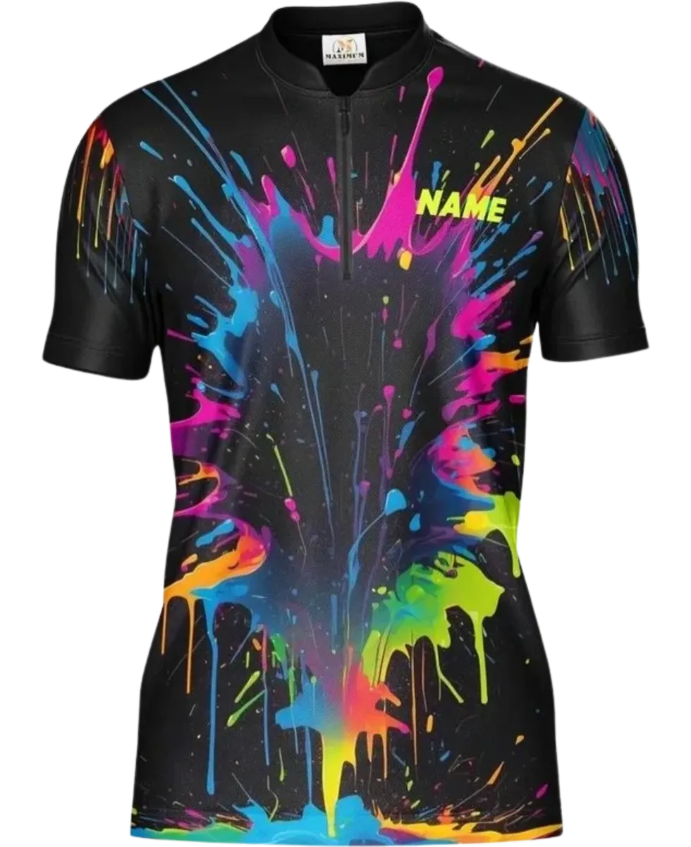 Colorful splatter paint design on a black dart jersey