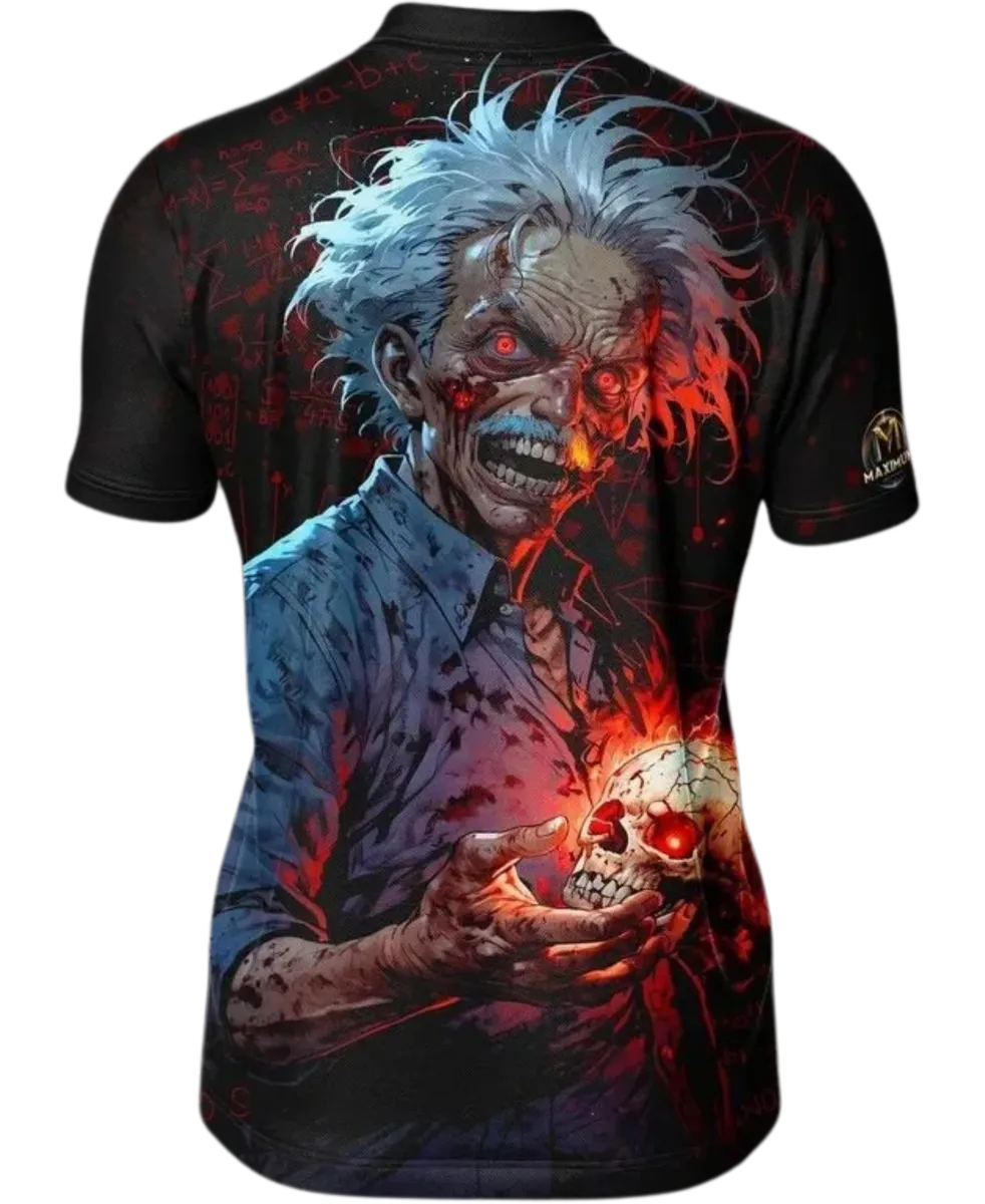 Dart Jersey with a graphic design of an undead zombie scientist holding a skull 