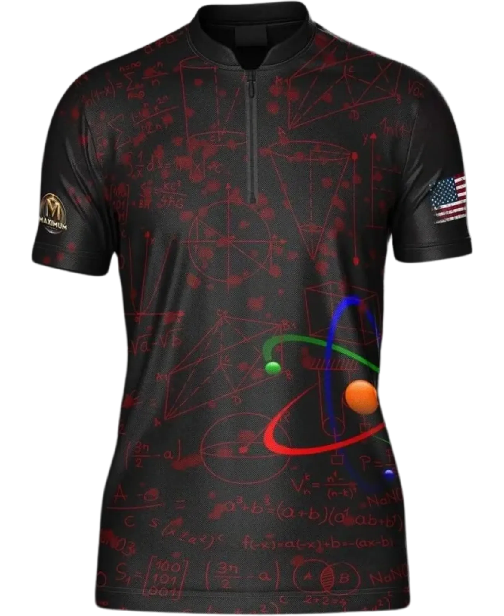 Black dart jersey with red mathematical equations and a colorful solar system diagram 